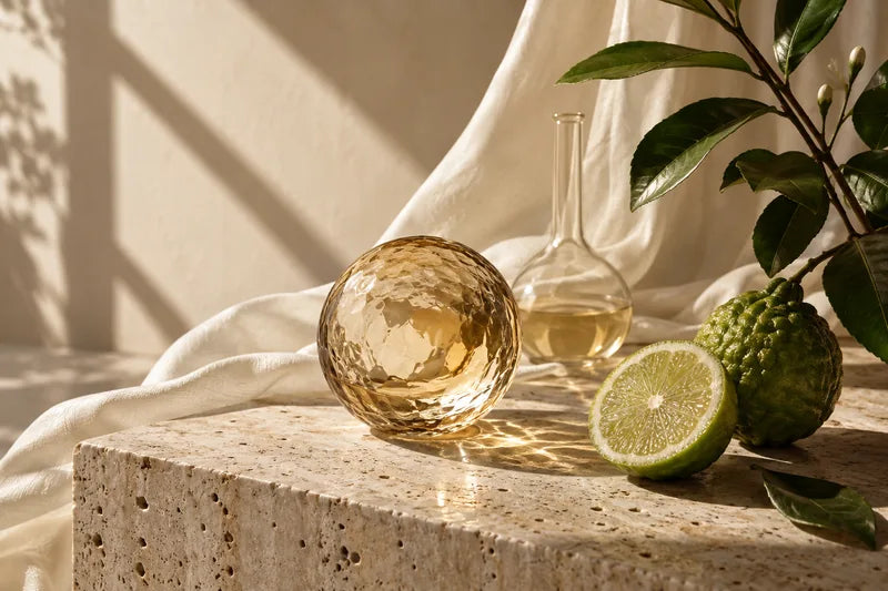 Bergamott, glas och linne i varmt solljus